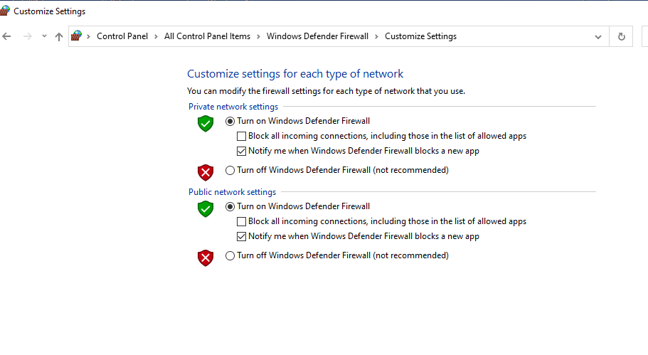 Turn on firewall in private and public settings