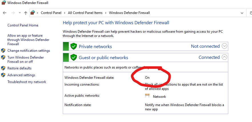Windows Firewall turned on